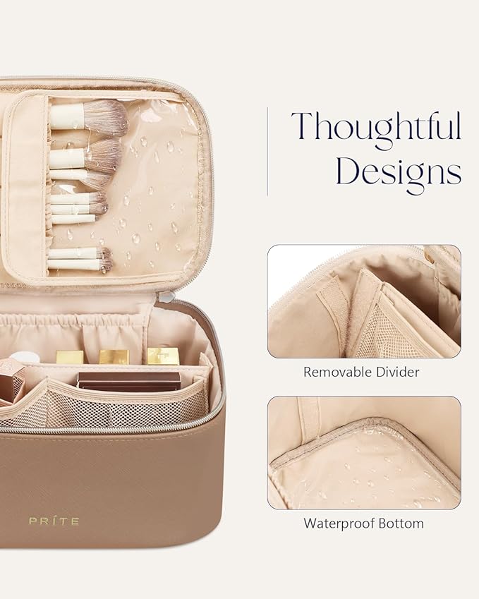 Prite Makeup Bag, Large Capacity Cosmetic Bag for Women and Girls, Waterproof PU Leather Travel Makeup Case, Toiletry Organizer with Handle and Divider for Skincare and Brushes - Brown