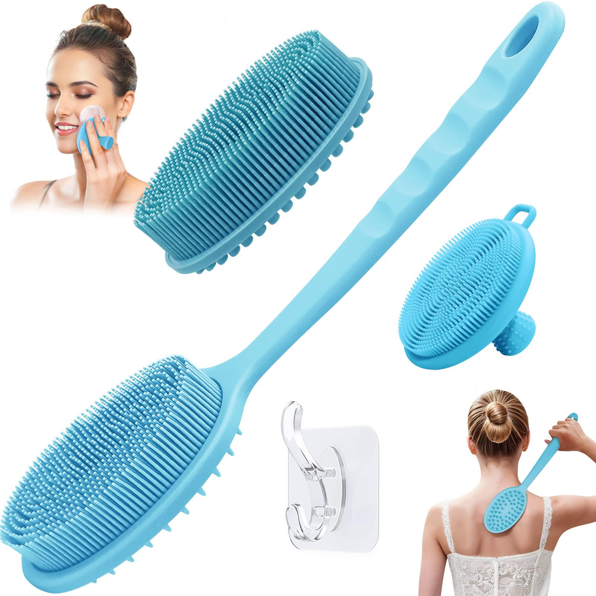 GEENOA Silicone Back Washer for Shower, Gentle Exfoliating Body & Back Scrubber with Handle, Silicone Loofah with Two Dual-Side & Replaceable Brush Heads(Green-Two Heads)