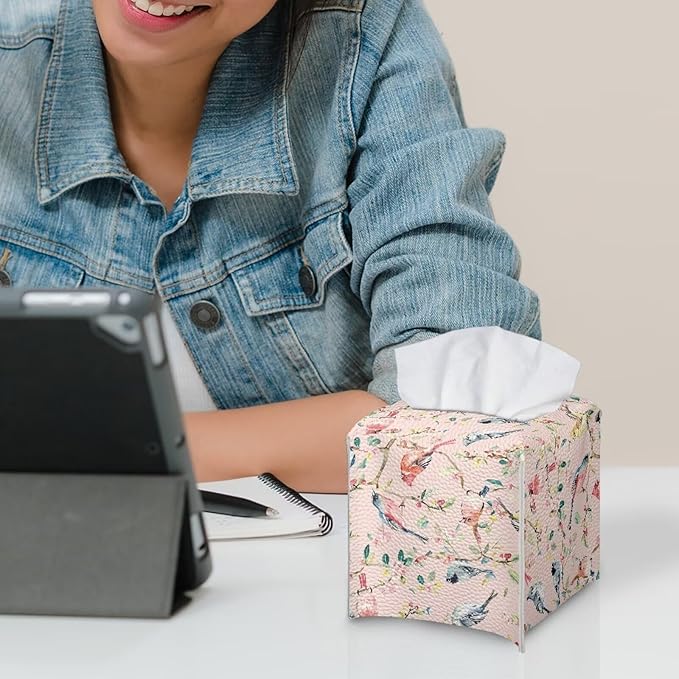 Bird Flowers Tissue Box Holder, PU Leather Square Napkin Cover with Metal Button, Waterproof Tissue Organizer for Nightstand, Dining Table, Office Desk, and Car Interior