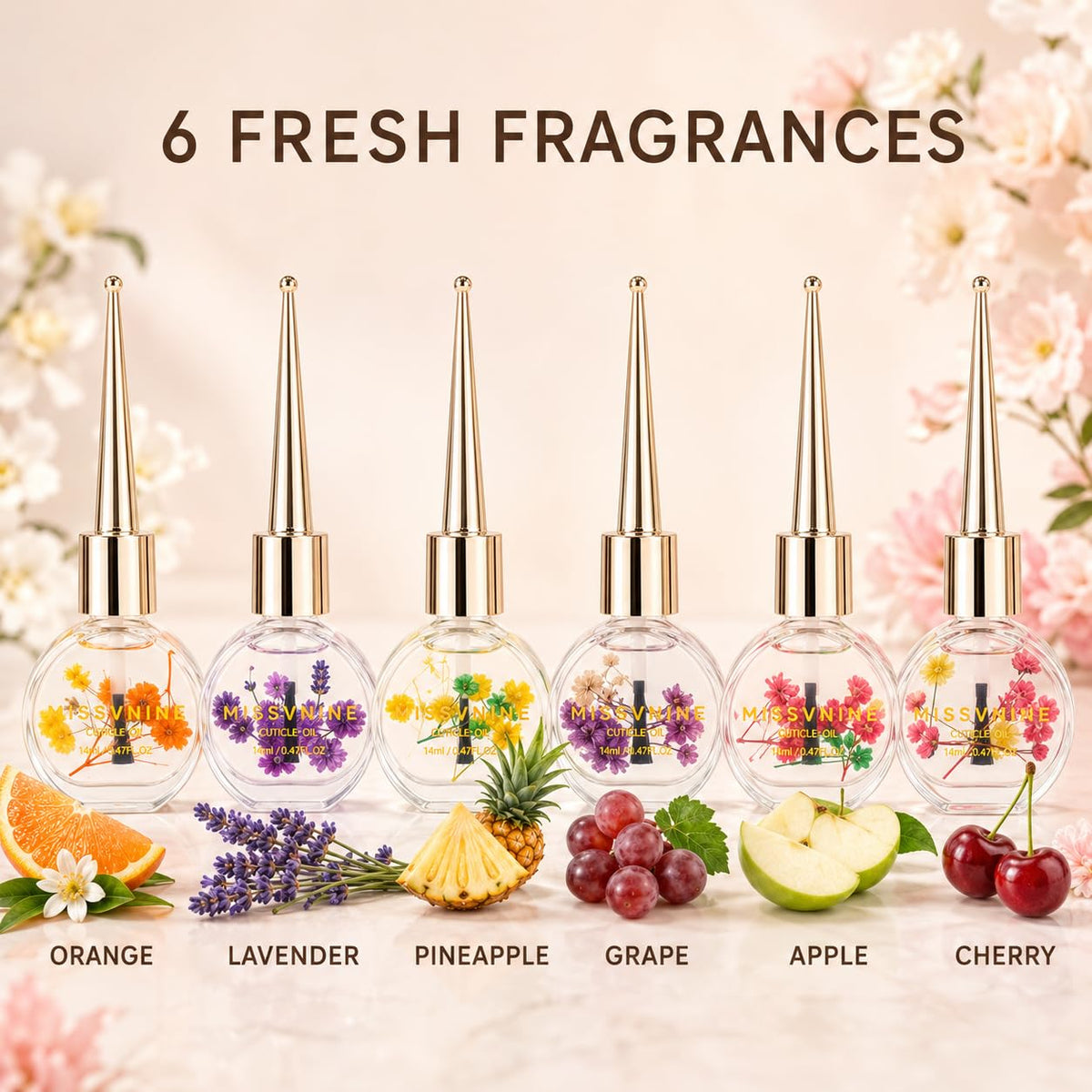 MISSVNINE Cuticle Oil Set for Nails, 6 Floral Nail Oils, 14 mL Each