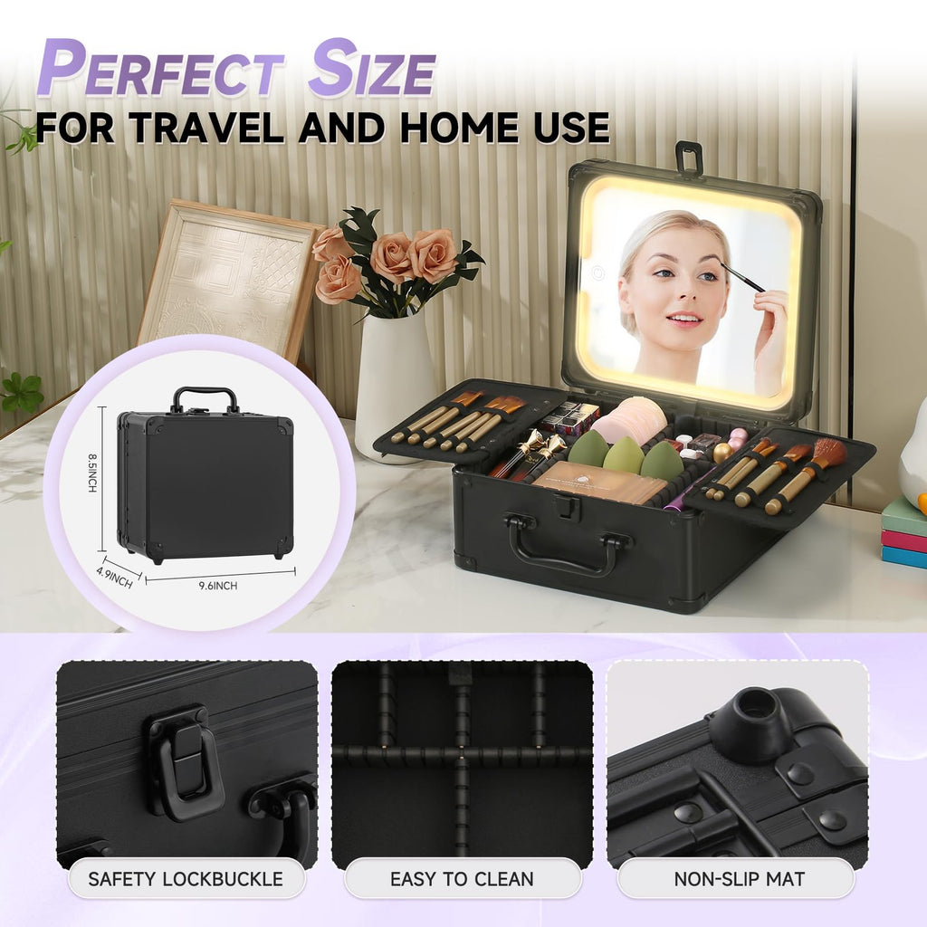 Leeora&Leekoo Makeup Case with Lighted Mirror, Portable Train Case Organizer for Makeup & Beauty Tools, Professional Cosmetic Storage Box (Black)