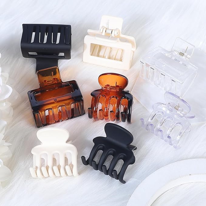 Medium Hair Clips Combination 2 Styles Small Claw Clips for Thin Hair 8 Pcs Matte Non-slip Rectangle Jaw Clips Square Hair Accessories for Women and Girls (Transparent)