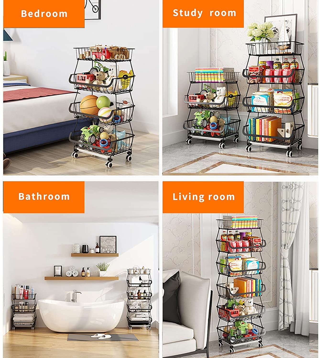 KOLENSA Metal Wire Baskets with Wheels, Stackable Storage Bins Kitchen Organizer Shelf 3-4-5-6 Tier Fruit Vegetable Cart Dishes Seasonal Rack Shelves for Garage, Pantry, Bathroom