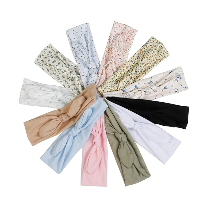 12 Pack Wild Floral Bow Headbands for Women Elastic Headwraps Hair Band Yoga Running Sports Knotted Headband Stretchy Rabbit Ears Turban Fashion Sport Cute Hair Accessories（Elastic Floral Hairbands）