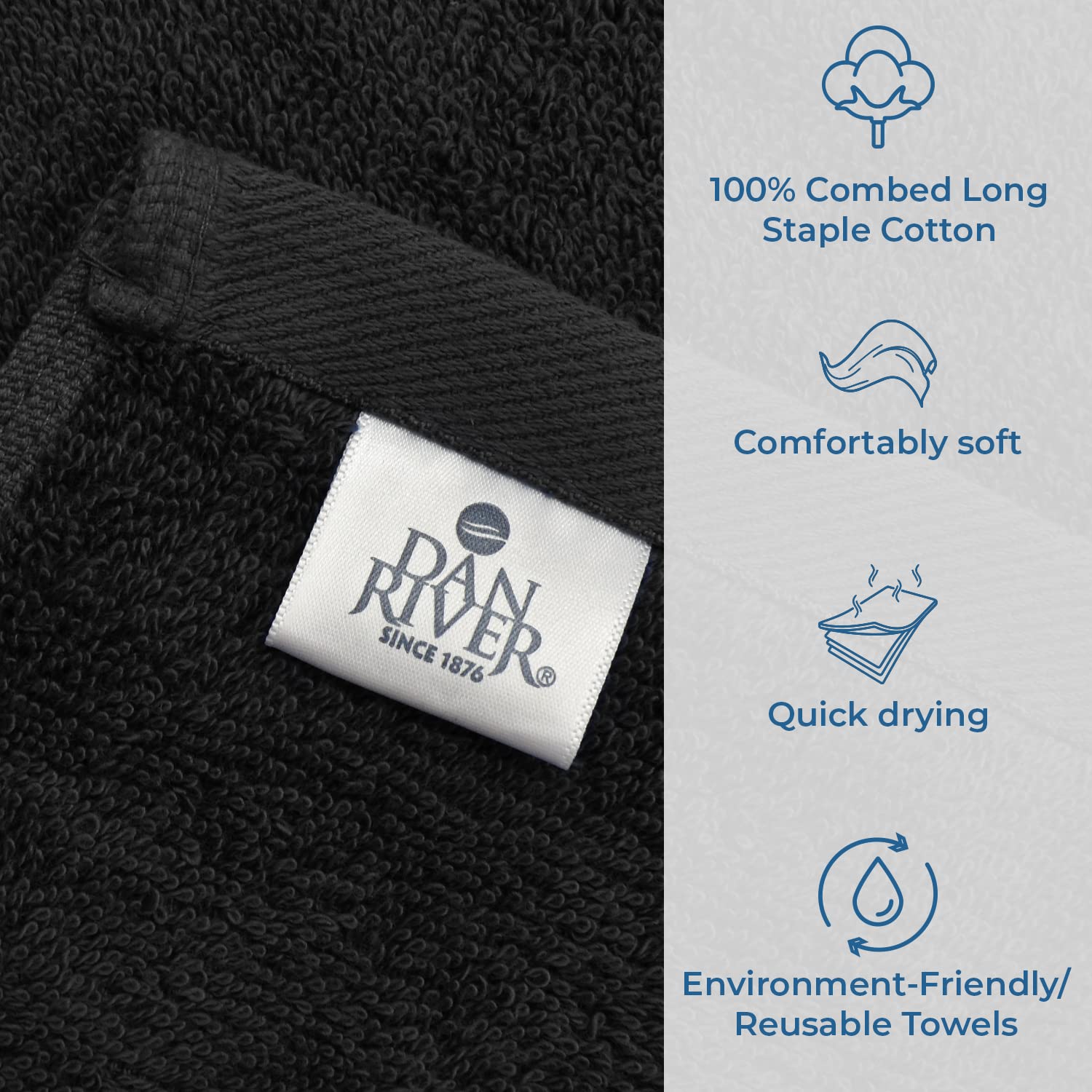 DAN RIVER 600 GSM Cotton Large Bath Towels Set of 4, 27 x 54 Inches, Black