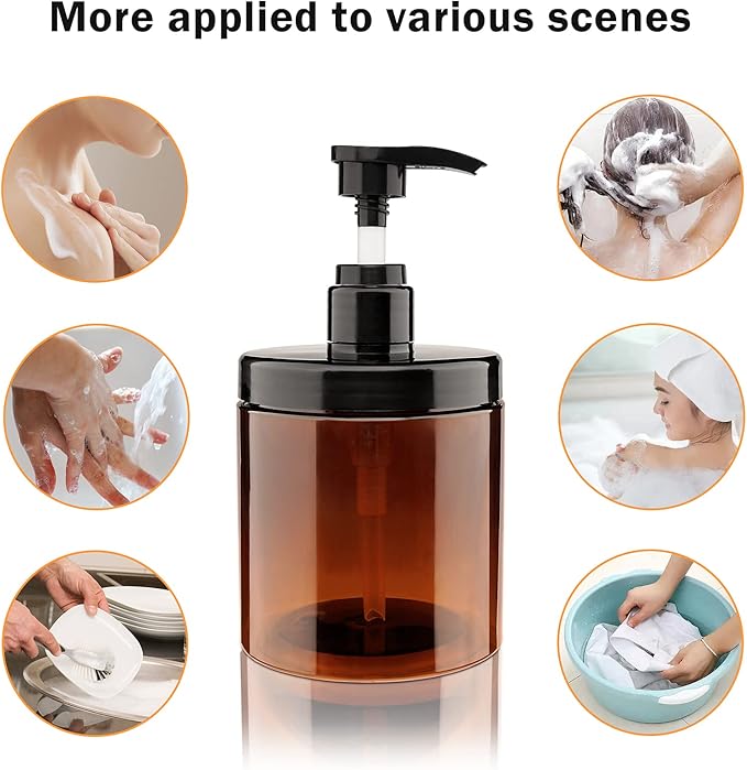 Hethyo Pump Bottle Dispenser 3 Pcs 600ml/20oz Refillable Plastic Pump Bottles Wide Mouth Jar Style BPA Free Empty Pump Bottles Bathroom Shower Containers for Lotion Shampoo Conditioner (Brown)