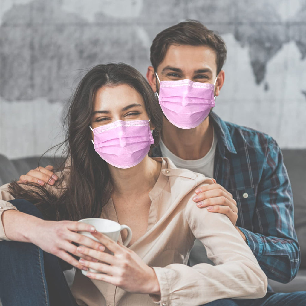 DC-BEAUTIFUL 100 Pcs Pink Disposable 3 Ply Earloop Face Masks,Fit for Adults