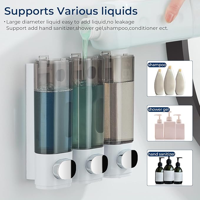 Shampoo and Conditioner Dispenser, Pollock Shower Soap Dispenser 3 Chamber No Drill, Wall Mounted Shampoo Body Wash Conditioner for Bathroom Large Capacity,White