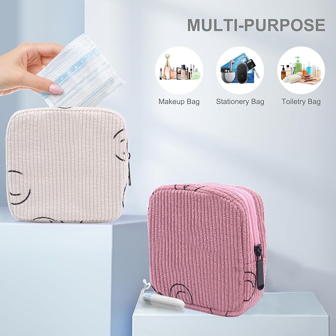 Sanitary Napkin Storage Bag, Corduroy Period Bag for Women, Cute Portable Period Pouch with Zipper, Sanitary Pads Bag Tampons Holder for Purse, First Period
