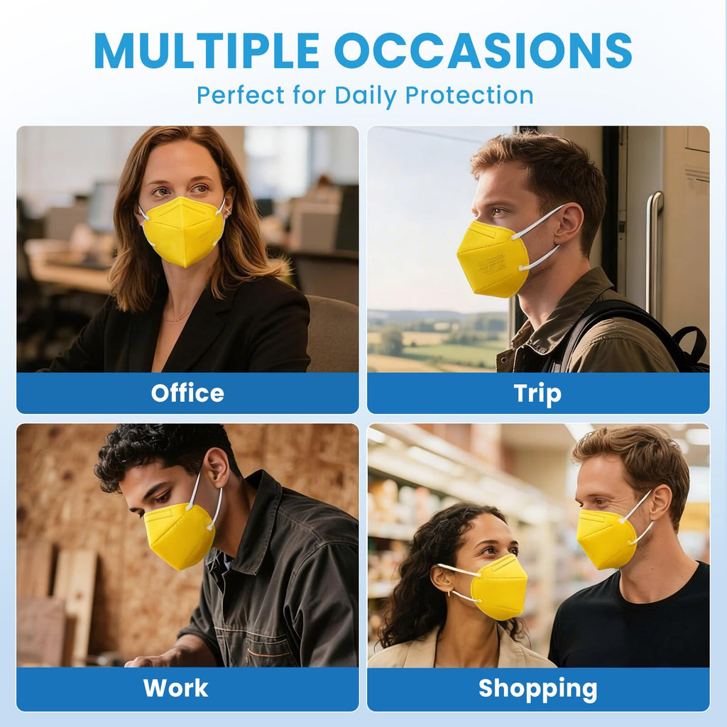 akgk KN95 Face Mask 50 PCS, Breathable Protection Masks, 5-Ply KN95 Yellow Masks, Cup Dust Safety Masks