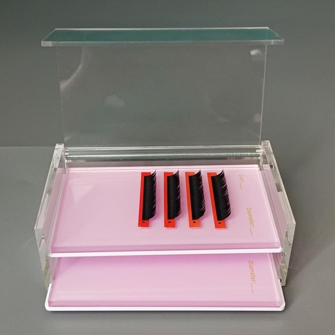 Two Layers Eyelash Grafting Pallet with Cover, Dust-proof Acrylic Lash Tile holder, Eyelash Extensions Storage Gasket Pads 2 Tiers for Beginners Beauty Artist Salon (Pink)