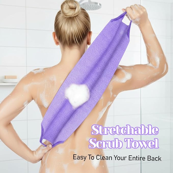 2 Pack Exfoliating Back Towel Scrubber for Shower, Nylon Exfoliating Back Washer for Shower for Women with Handles, Stretchable Pull Strap Bath Scrubber for Women Men Clean Skin Deeply(Pink, Purple)