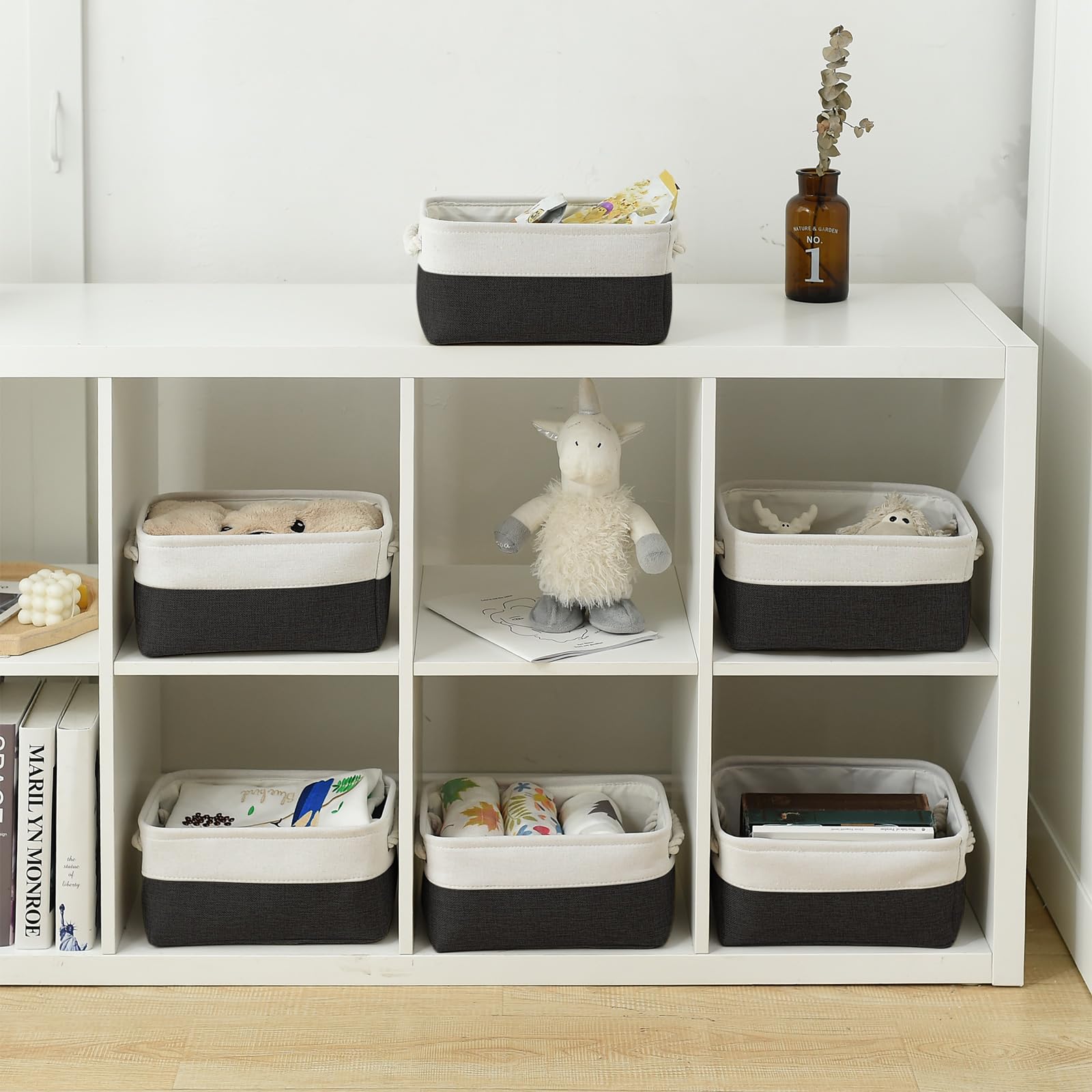 TheWarmHome Storage Bins for Shelves - 12x8x5.2 inch 1 Pack Storage Baskets for Gifts Empty for Closet Organizing Dog Gift Cloth Toy Cubes Box (White & Black)