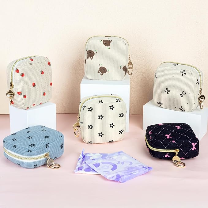 Cute Period Bag for Teen Girls, Corduroy Sanitary Napkin Storage Bag, Menstrual Pad Pouch Tampon Holder for Purse (Black Bow Tie)
