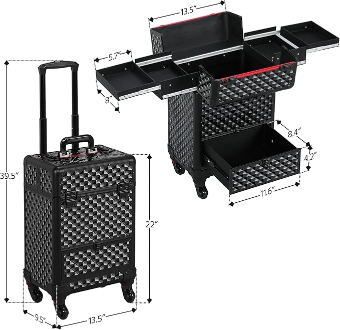 Yaheetech Rolling Makeup Train Case with a Drawer Nail Trolley Black/Red
