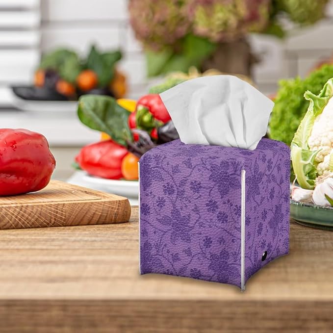 Purple Flowers Tissue Box Case PU Leather Square Modern Asthetic Tissue Box Cover with Metal Button Waterproof Napkin Organizer for Home Office Car Bathroom Decor