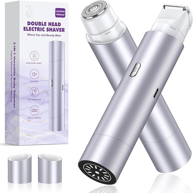 Bikini Trimmer for Women, Dual Head Face Shaver Body Hair Trimmmer, IPX7 Waterproof Womens Electric Razor for Legs, Light Purple