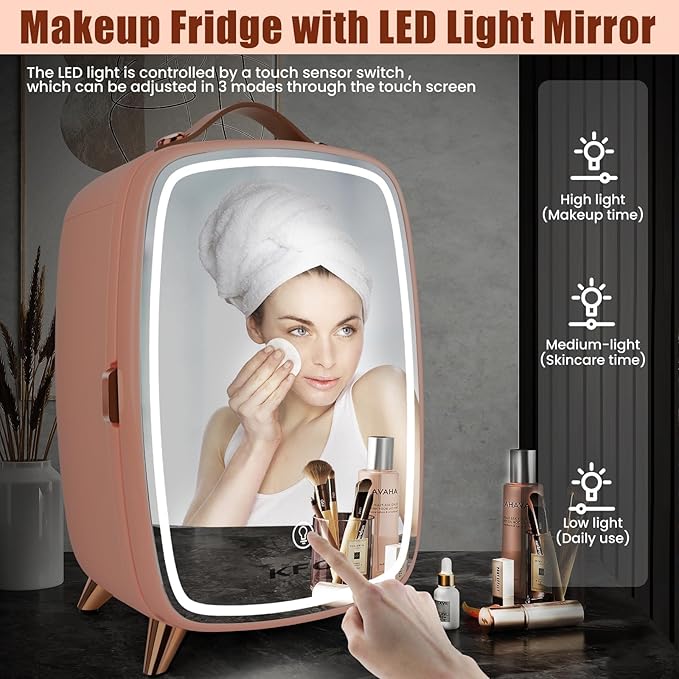 KFO Mini Skincare Fridge 6L – Beauty Fridge with Mirror & 3-Mode LED Light, Portable Cosmetic Cooler for Makeup Serums Creams, 43°F Cooling 20dB Quiet, Small Fridge for Bedroom Bathroom Office