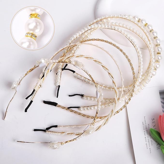 Pearl and Metal Headbands - Beaded No Slip Hair Accessories for Women and Girls, 10 Pack