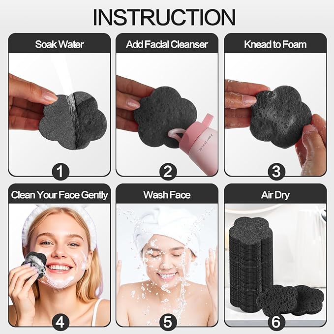 50-Count Facial Sponges Compressed Facial Sponges Natural Facial Cleansing Sponges Pads Cute Flower Shape Exfoliating Sponges for Cleansing Reusable,Best Makeup Gift, Black