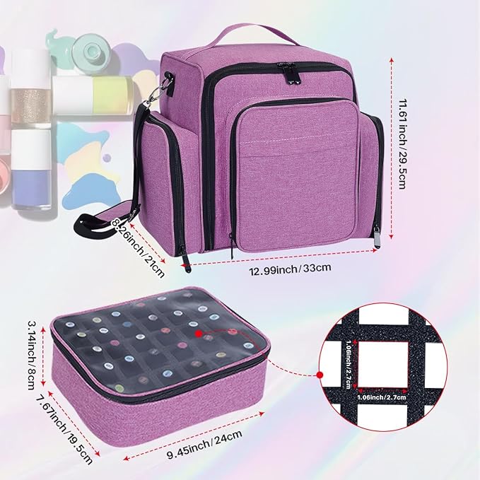 YAHOURWAT Nail Polish Organizer Holds 60 Bottles and a Nail Lamp,Portable Travel Case with 2 Removable Bags and Tools Storage Pockets Purple