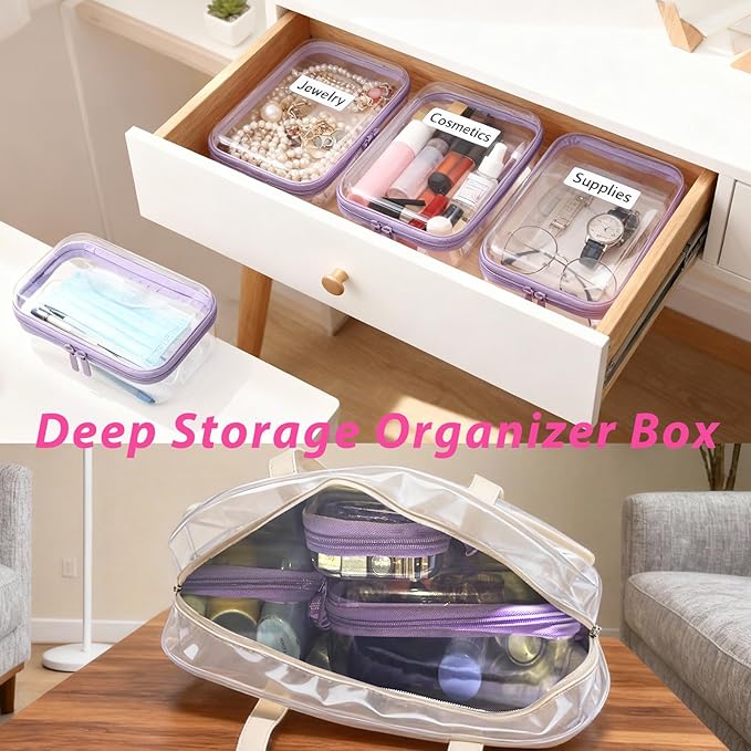 JZRTravel 3 Pack Clear Hard Shell Zipper Case with Handle Waterproof PET Hard Plastic Storage Pouches for Toiletry Makeup Cosmetic Toys Art Supplies Case Bag Organizer Travel Essentials