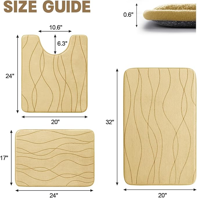 YIHOUSE Bathroom Rugs Set 3 Piece, Memory Foam Bath Mat Beige