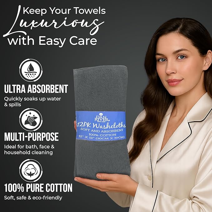 DAN RIVER 12 Pack Wash Cloths for Showering [12x12] - 100% Cotton Washcloths Premium Quality Flannel Face Cloths for Bathroom, Highly Absorbent and Soft Feel Wash Clothes, Assortment 1