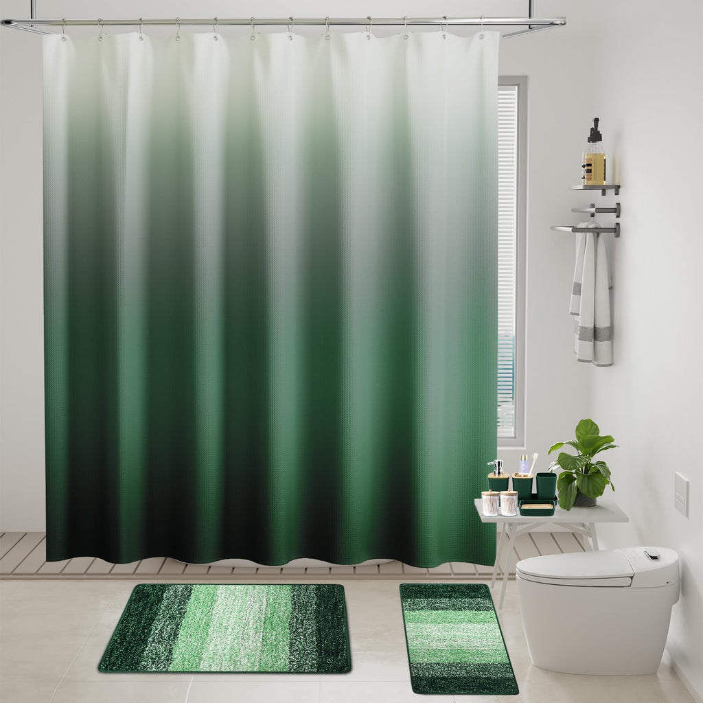 XLHOMO Dark Green Bathroom Accessories Set with Wicker Trash Can Shower Curtain and Rugs,Bathroom Sets Small Waste Basket Bathroom Trash Can for Bedroom Bathroom