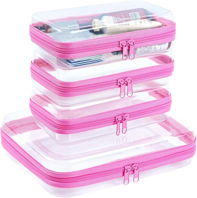 WELPIRT 4 pcs Clear Zipper Pouches, Hard Shell Zipper Case, Makeup Organizer Travel Toiletry bag, Diaper Bag, Travel Organizer, Clear Cosmetic Bag,Toy Storage Bins (M+3S Pink)