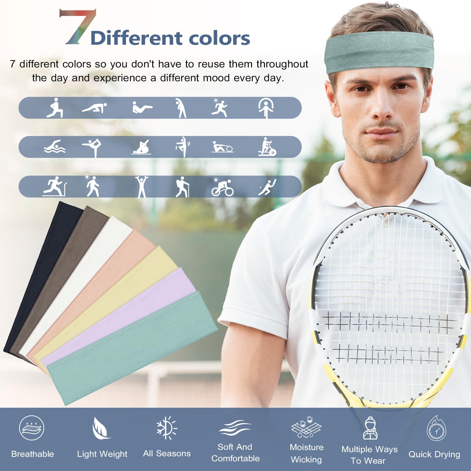 DiyJibb Headbands for Women, Stretchy Non Slip Soft Cotton Cloth Hair Bands for Sports, Workout, Yoga and Running, 7pcs