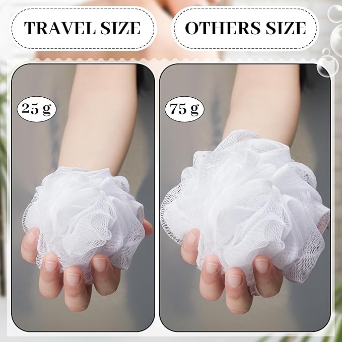 Funnymoom 12 Pcs Travel Size Loofah Individually Wrapped, Small Shower Puff Bath Sponge Pouf Ball Bulk Mesh Bath Puff Mini Loofah Sponge with Case Bulk for Shower Care (25g,White)