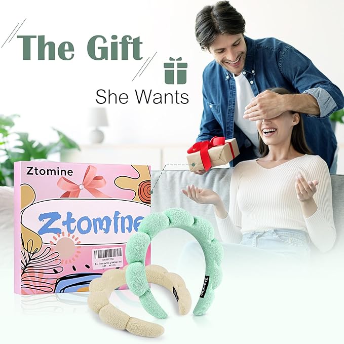 Ztomine Spa Headbands, Set of 2, Terry Cloth Headband Face Wash Headband Combo Pack - Puffy Makeup Headbands for Face Washing, Mask (beige + turquoise)