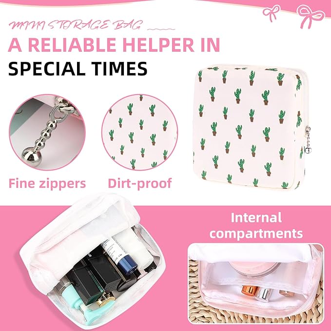 OLLBIT Sanitary Napkin Storage Bag,Period Bag,Portable Period Bag for Teen Pads Sanitary Napkins Small Tampons First Period Gifts for School Hygiene Bags Travel Containers (Cactus)