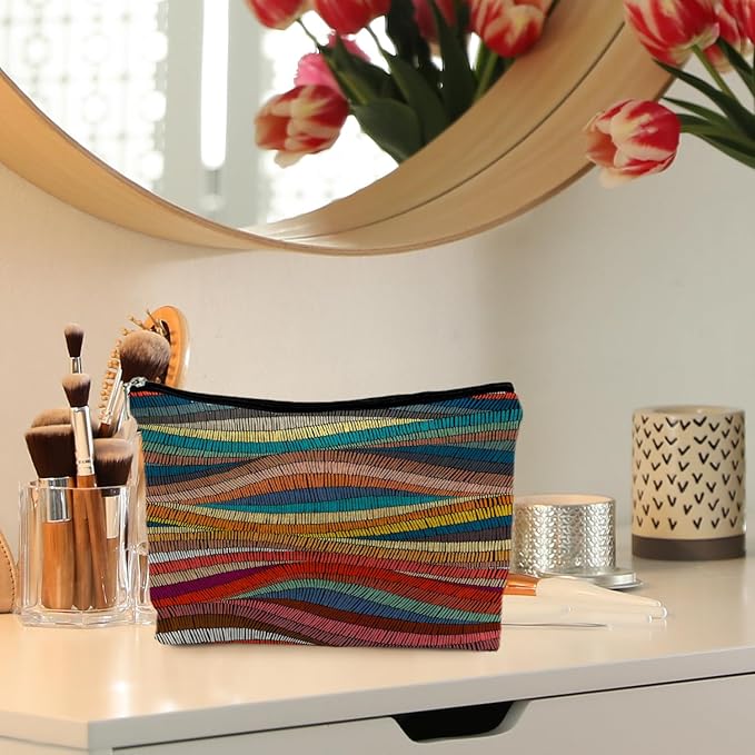 RYYCDOI 70s Retro Colorful Wavy Makeup Organizer, Vintage Aesthetic Women's Makeup Bag