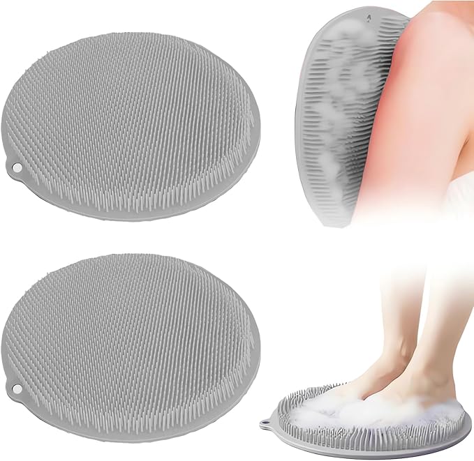 2 Pack Shower Foot Scrubber & Shower Back Scrubber Wall Mounted with Delicate Brush,Gentle Exfoliation Silicone Foot Scrubber for Shower,Non-Slip Back Washer for Shower(Grey and Grey)