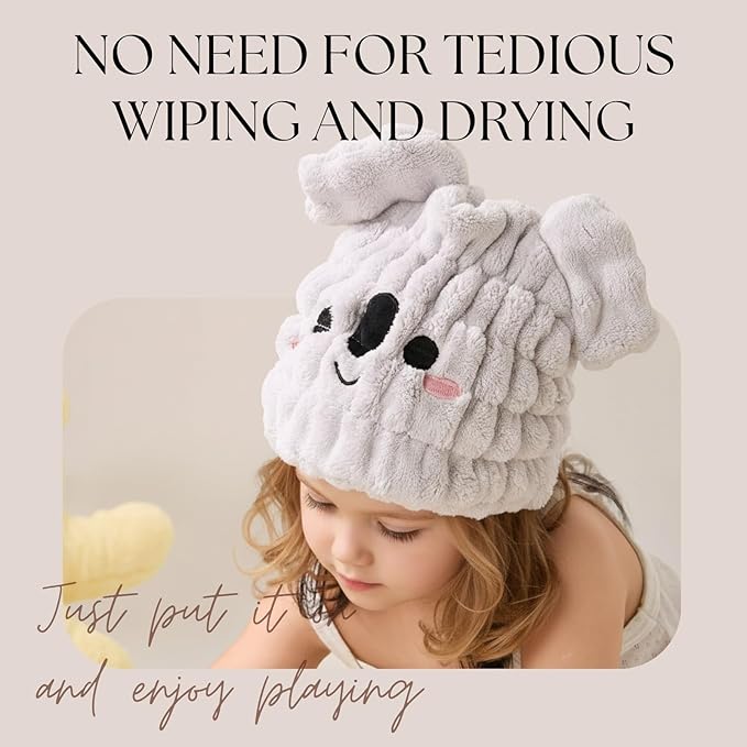 LCBD Microfiber Hair Towel Wrap for Kids, Koala Dry Hair Cap Suck Water, Absorbent Quick Girls Boys Hair Drying Towel, Lightweight Bouncy Hat Headscarf