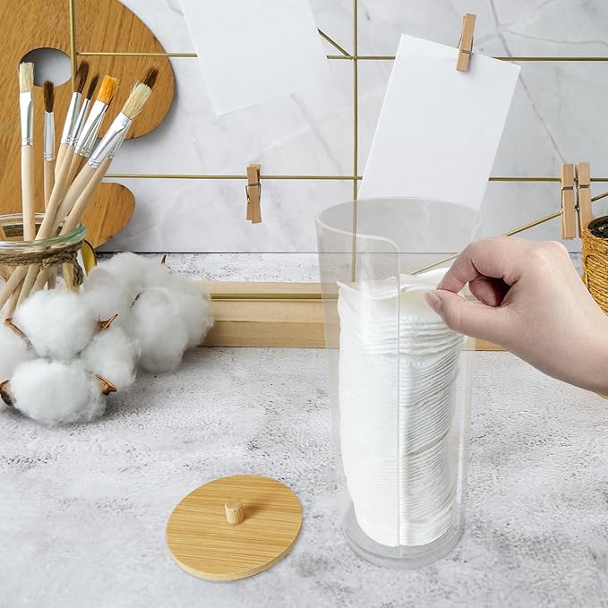 Eyxformula Cotton Round Holder & Pad Dispenser | Clear Acrylic Makeup Remover Pads Container with Bamboo Lid - Hygienic Bathroom Vanity Storage Organizer | Includes 100 PCS Soft Cotton Rounds