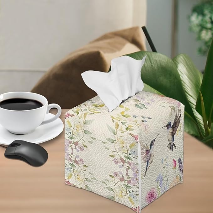 Bird Flowers Minimalist Tissue Box Holder, Square PU Leather Napkin Organizer with Secure Metal Button, Waterproof and Stain-Resistant Tissue Cover for Home, Kitchen, and Automotive Use