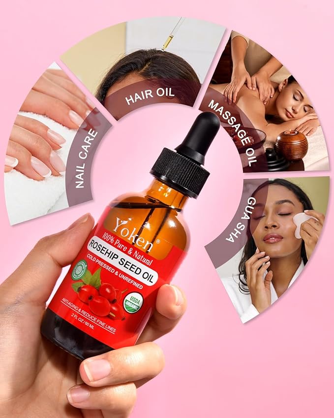Yoken Organic Rosehip Seed Oil for Face, Skin & Hair, Cold Pressed, 2 fl oz
