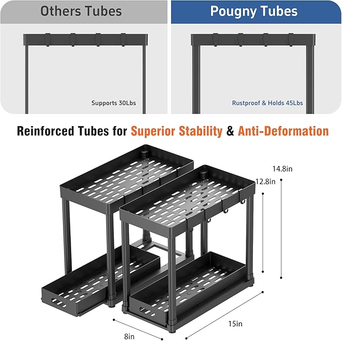 POUGNY 2 Pack Pull-Out Storage Organizers, Under Sink Organizer and Storage for Bathroom & Kitchen,Multi-Purpose Under Cabinet Organizers and storage Black
