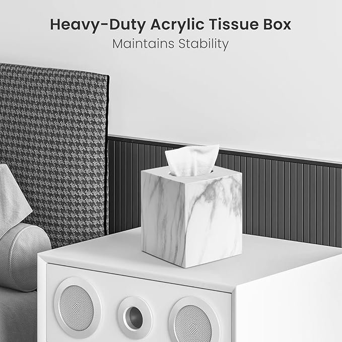 Tissue Box Cover, Square Facial Acrylic Tissue Holder with 2 Pack Clear Qtip Holder Dispenser, Bathroom Vanity Dresser Night Stand Essentials Accessories Decor, Modern Farmhouse Decor, Marble