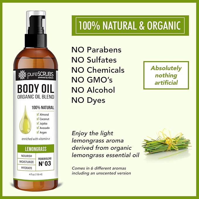 pureSCRUBS Ultra Moisturizing Lemongrass Body Oil for Dry Skin, 4 oz