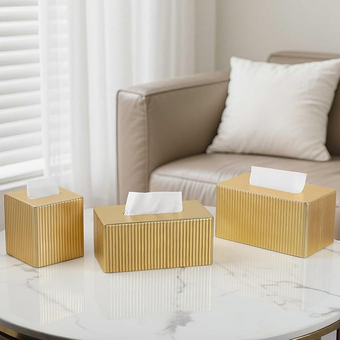 MEIBOOCH PU Leather Tissue Box Cover Square, Cube Tissue Box Holder with Magnetic Closure, Decorative Tissue Holder for Bathroom Bedroom Office (Gold, Rectangle Height of 4.7 in)