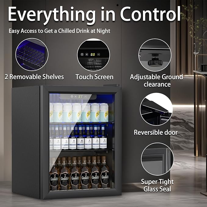 DOGHLY 1.7 Cu.ft Beverage Refrigerator Cooler, 72 Cans Mini Fridge with Glass Door, and Temperature controllable switch for Soda, Beer or Wine For Office or Bar with Removable Shelves