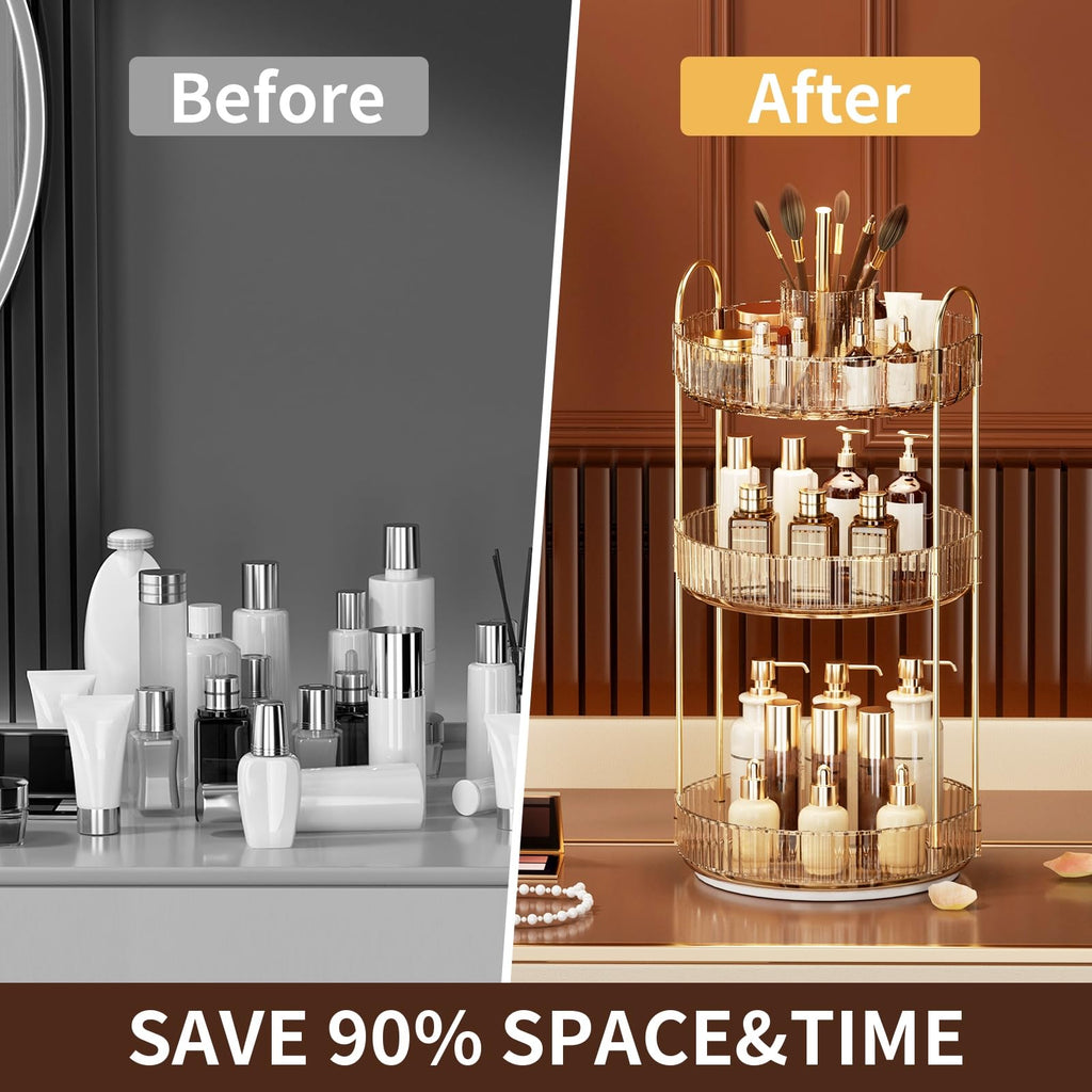 360° Rotating Makeup Organizer, Large-Capacity Skincare Make Up Storage 3 Tier Perfume Organizers Cosmetic Dresser Organizer with Makeup Brush Holder, Fits Bedroom, Bathroom, Vanity Shelf Countertop