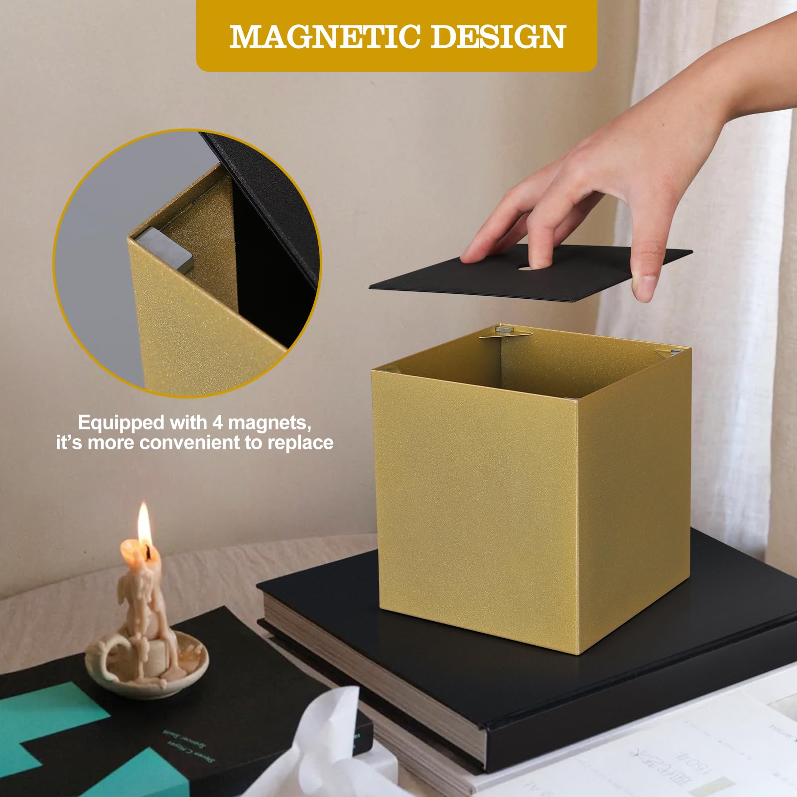 HOUSE DIARY Metal Square Tissue Box lid, Modern Facial Tissue Holder for Bathroom Vanity Tops, Bedroom Dressers, Nightstands, Desks, Offices (Gold)