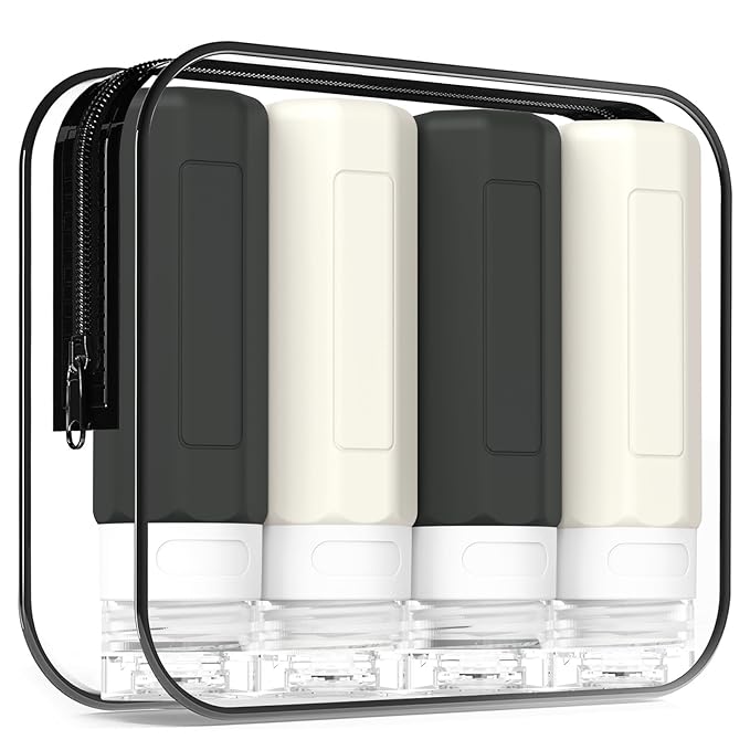 Redfly Travel Bottles for Toiletries, Tsa Approved 3oz Travel Size Containers, Leak Proof Travel Size Toiletries Bottles Silicone, BPA Free Refillable Shampoo Conditioners Essentials Kit, Black&White
