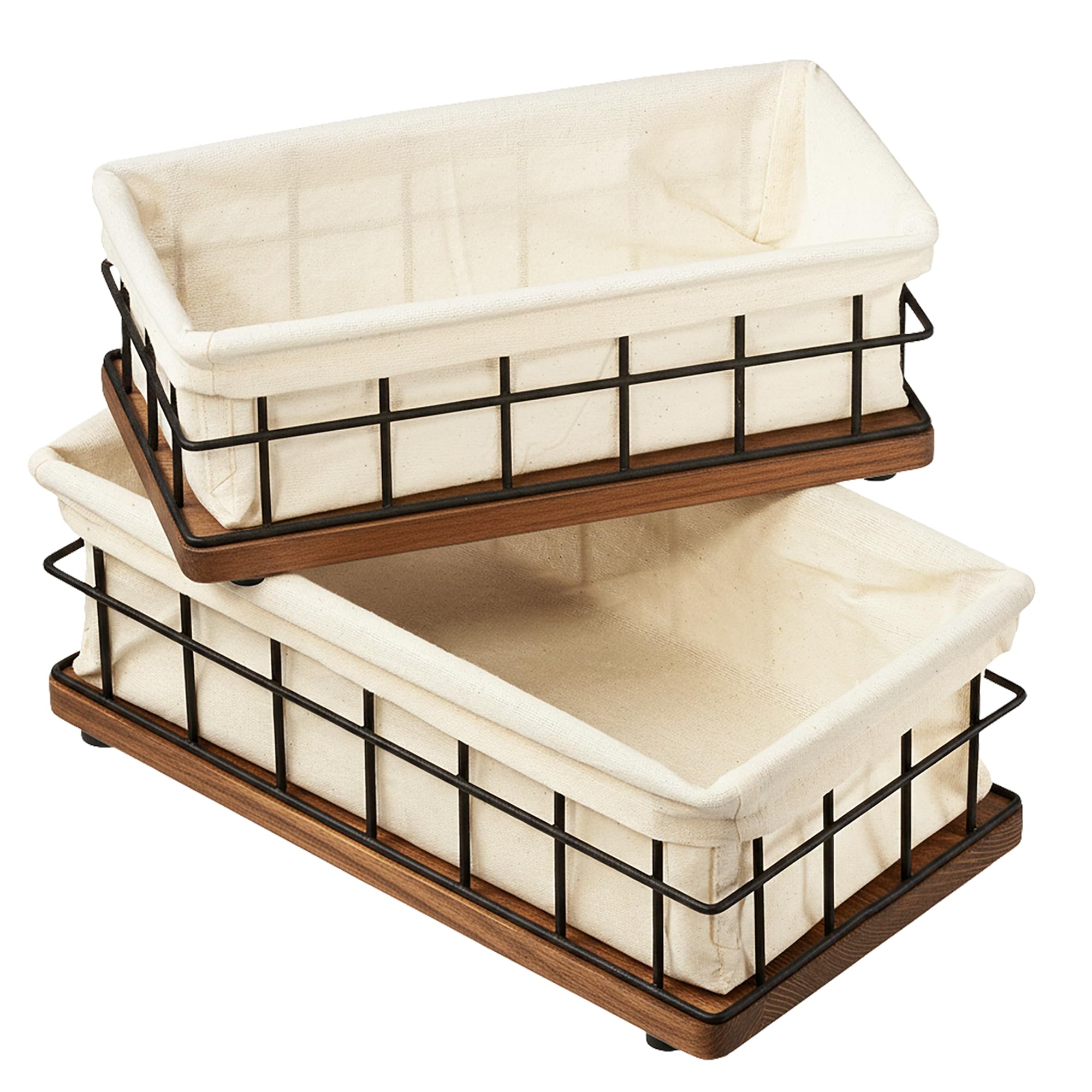 BAOBAB WORKSHOP Wooden Bathroom Basket Organizer & Storage, Toilet Paper Basket for Back of Toilet Tank Topper Tray, Paper Holder Basket for Bathroom Decor Box with Liners, Solid Wood & Wire, Set of 2