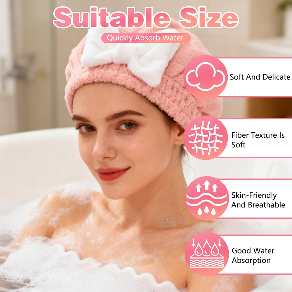ploreatu Microfiber Hair Drying Caps, Christmas Absorbent Hair Towel Wrap for Women Wet Hair Quick-Drying Hair Towels, Soft Bow Tie Wet Hair Towel Wrap for Party Favors Goody Bag Filler (Pink+Blue)
